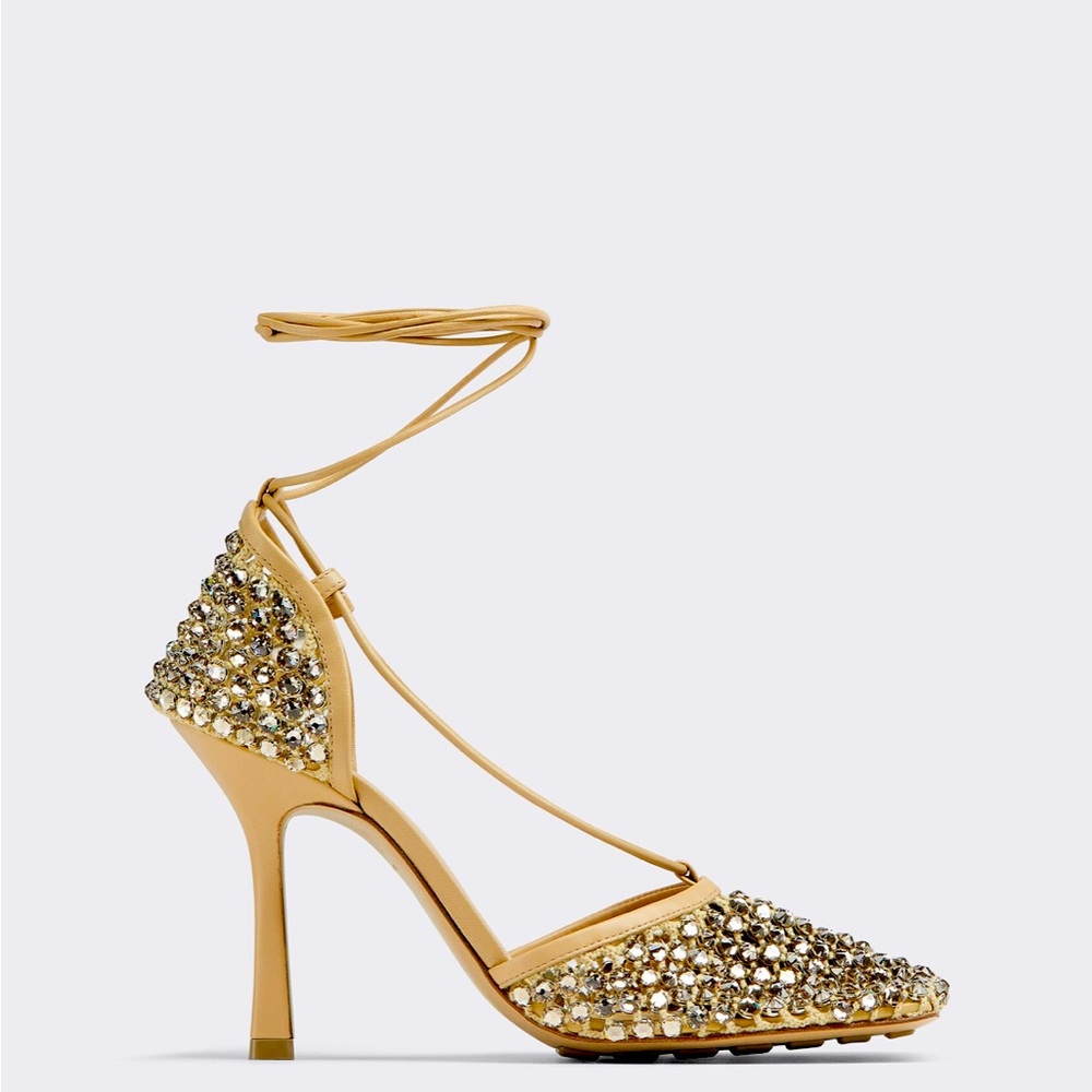 Bottega Veneta Sparkle Stretch Lace-Up Sandal New Cane Sugar size 7.5